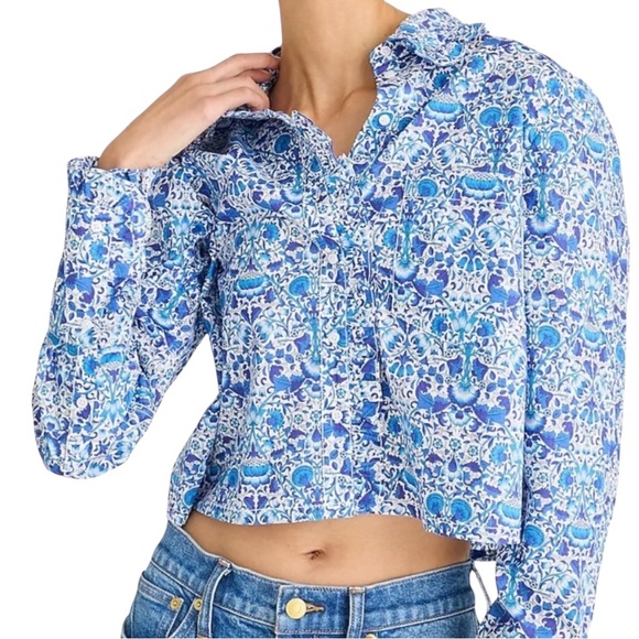J. Crew Liberty Floral Ruffle cropped Button Down Long‎ Sleeve Shirt Medium - Picture 1 of 10